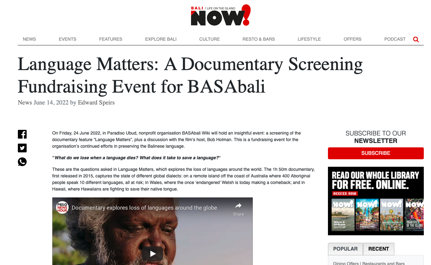 Language Matters: A Documentary Screening Fundraising Event for BASAbali